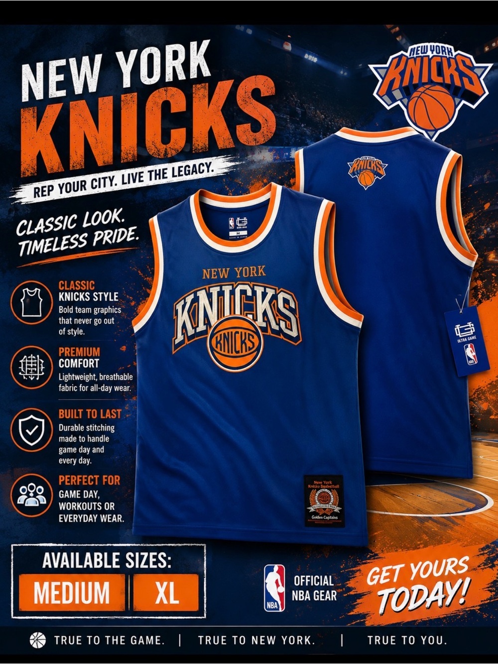 2026 NBA Champions Ultra Game New York Knicks Men’s Jersey, Size Medium (Blue)